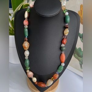 Vintage multicolour mixed agate and glass beaded adjustable necklace